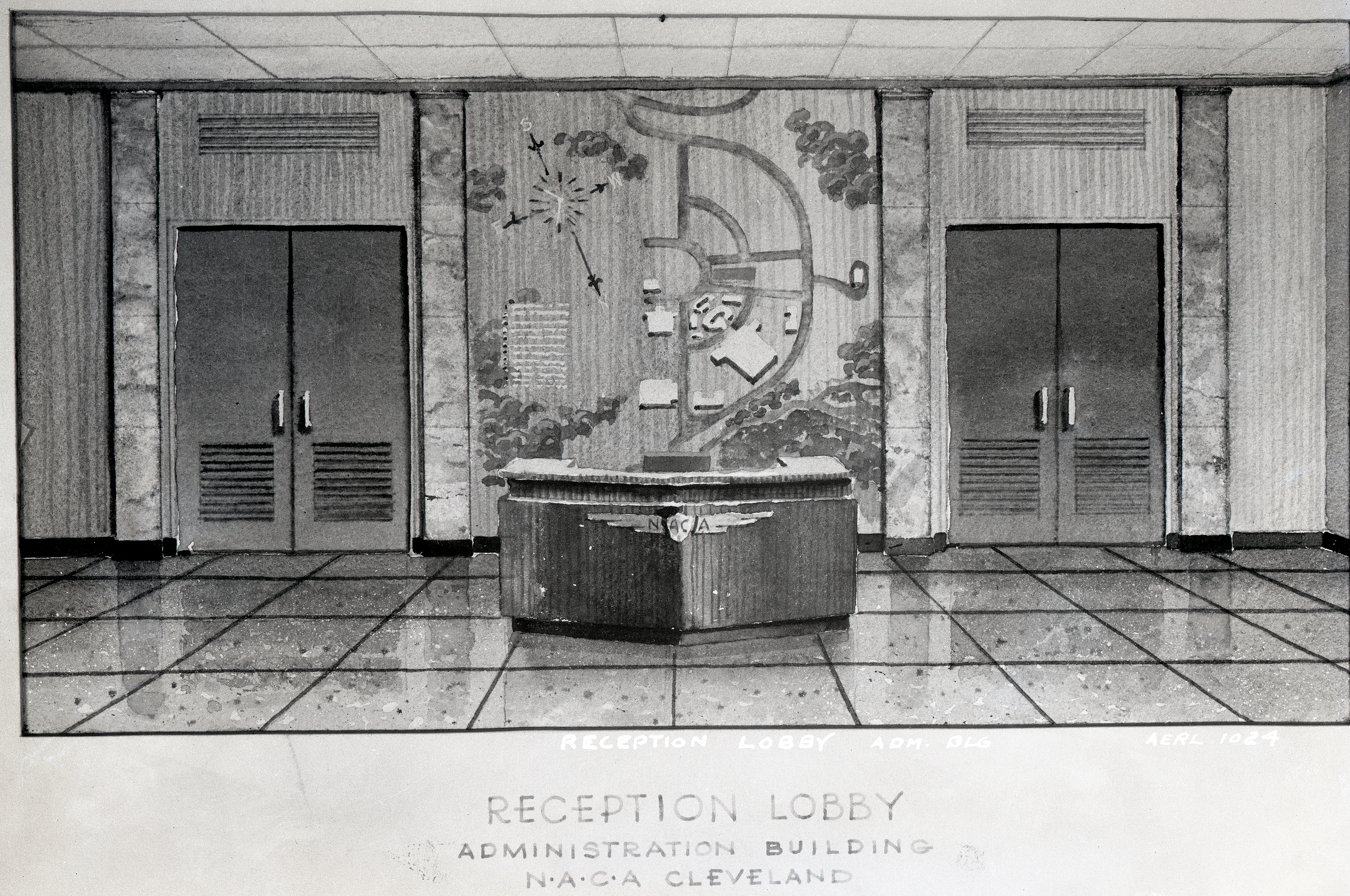 Watercolor rendering of the lobby.