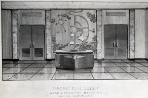 Watercolor rendering of the lobby.