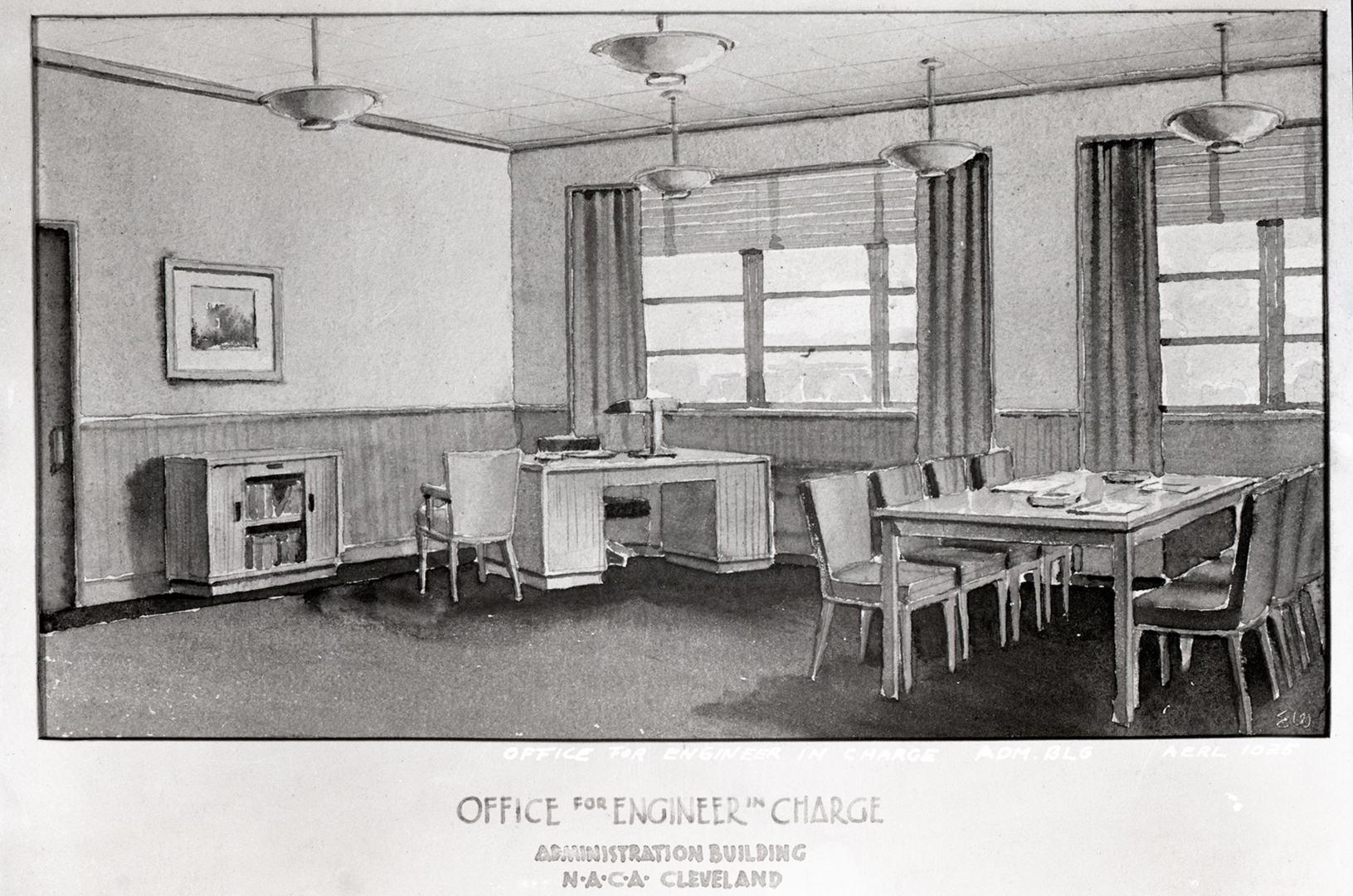 Watercolor illustration of office with desk and table.
