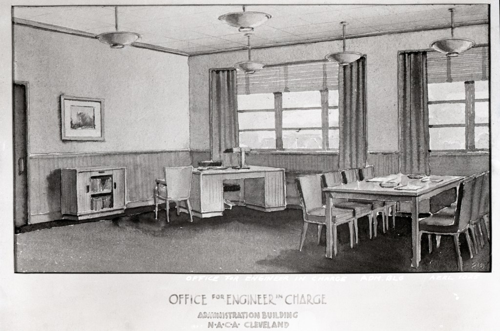 Watercolor illustration of office with desk and table.
