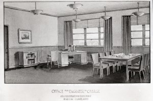 Watercolor illustration of office with desk and table.