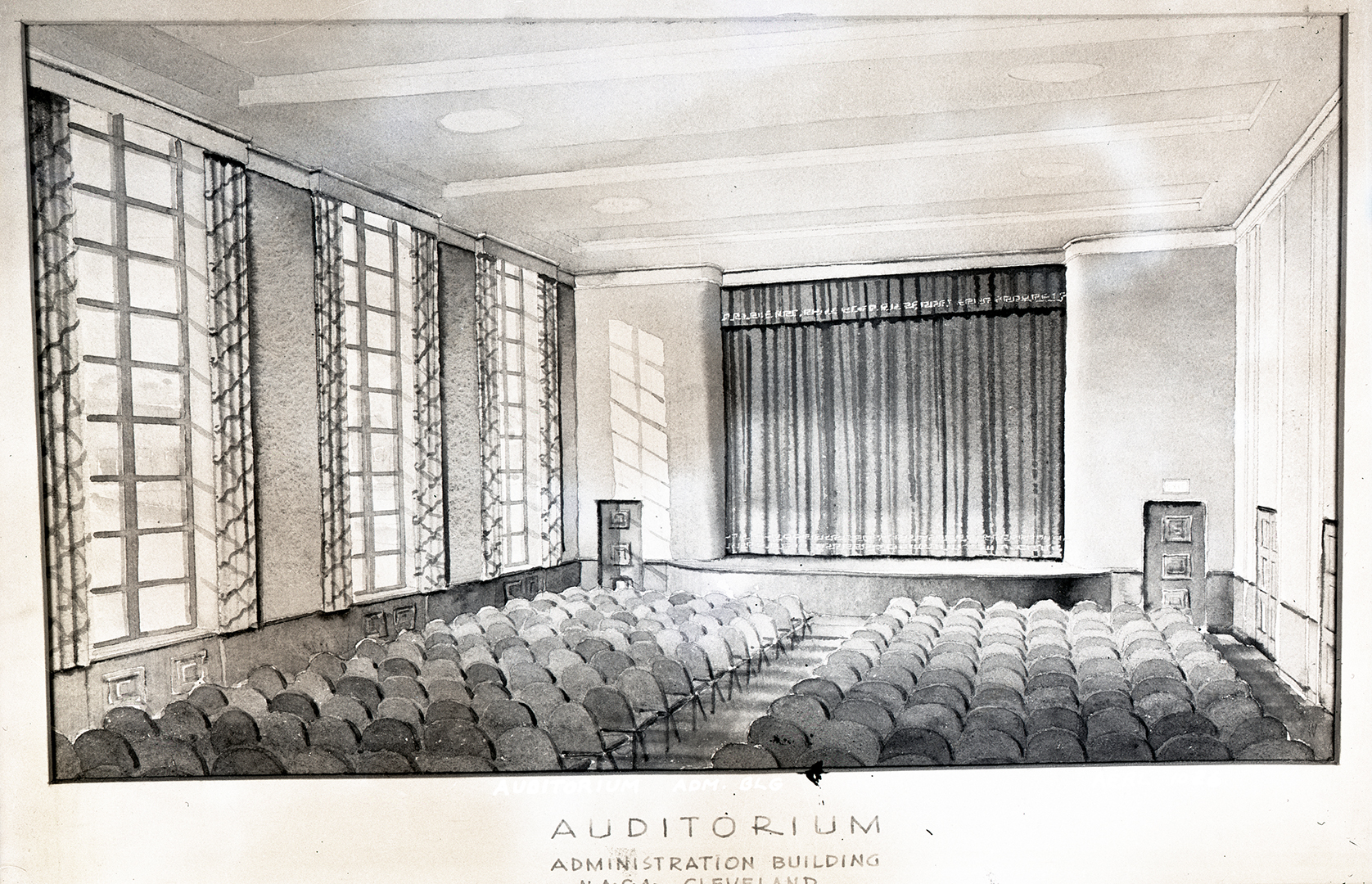 Watercolor illustration of auditorium.