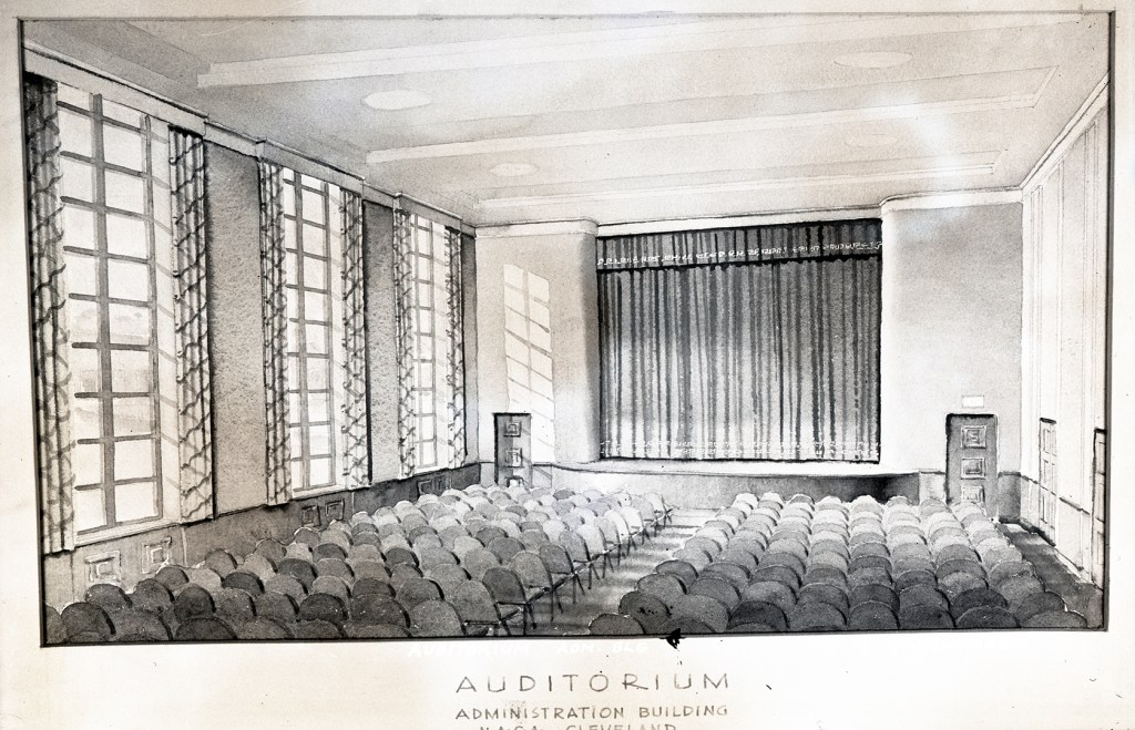Watercolor illustration of auditorium.