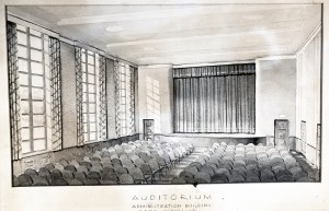 Watercolor illustration of auditorium.