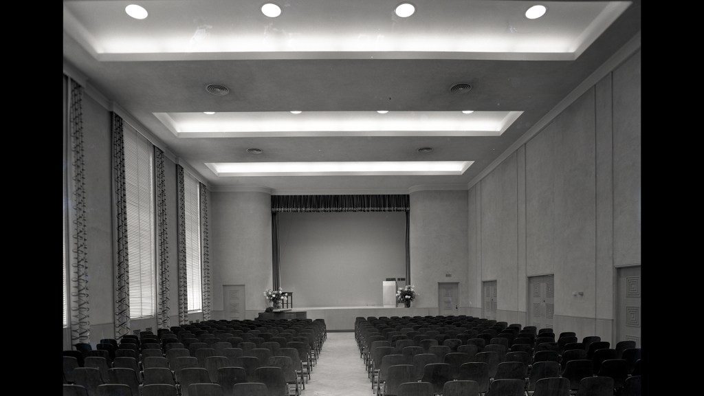 View from back of empty auditorium.