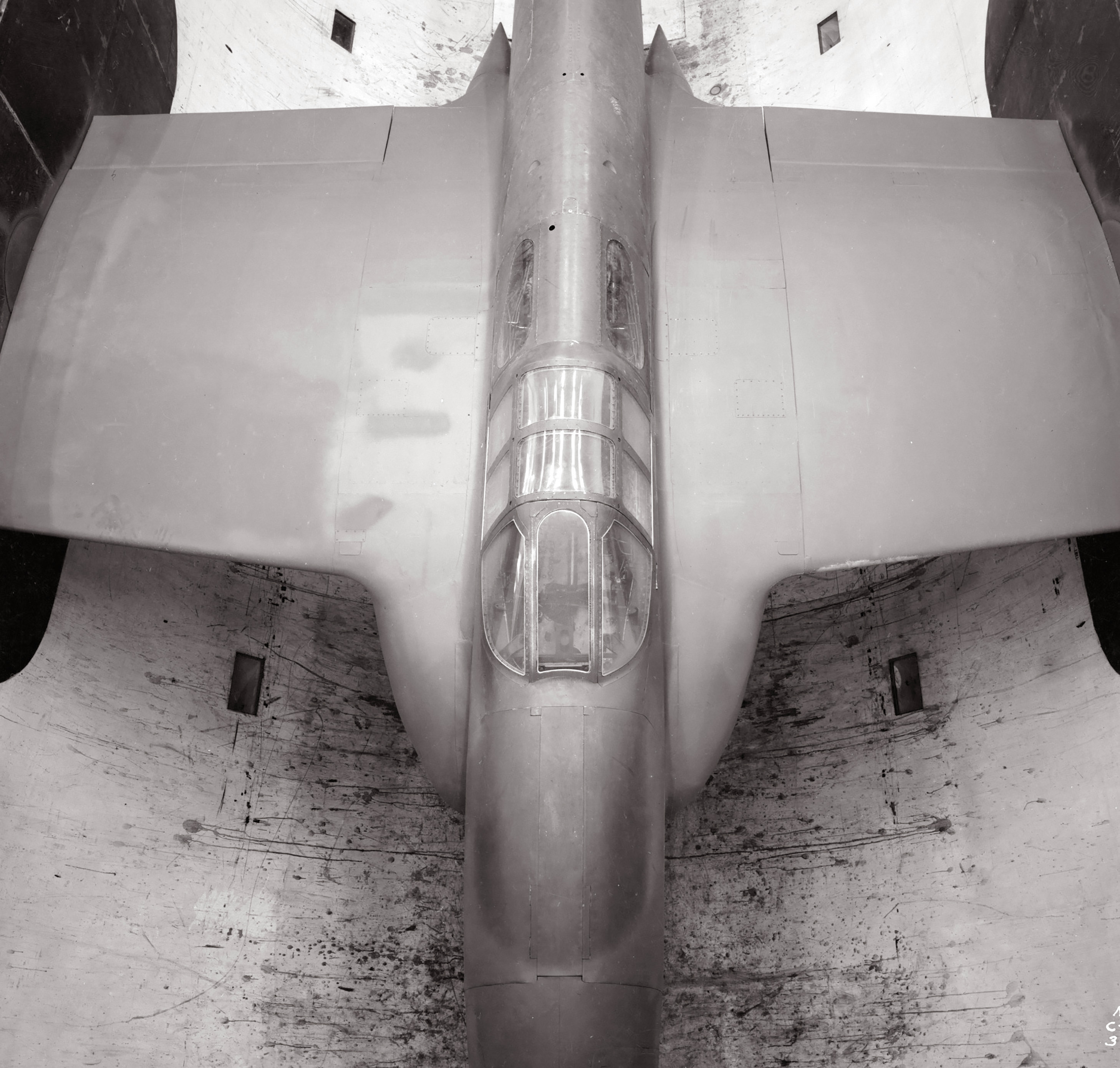 View from above of YP-59A in AWT test section