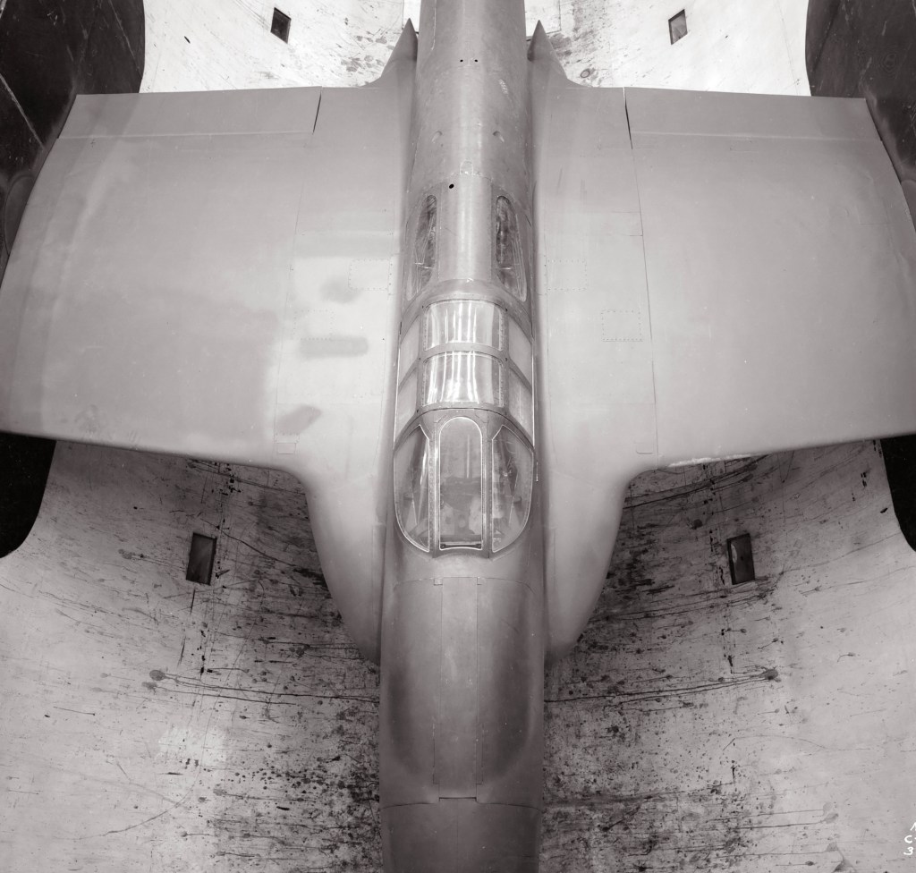 View from above of YP-59A in AWT test section