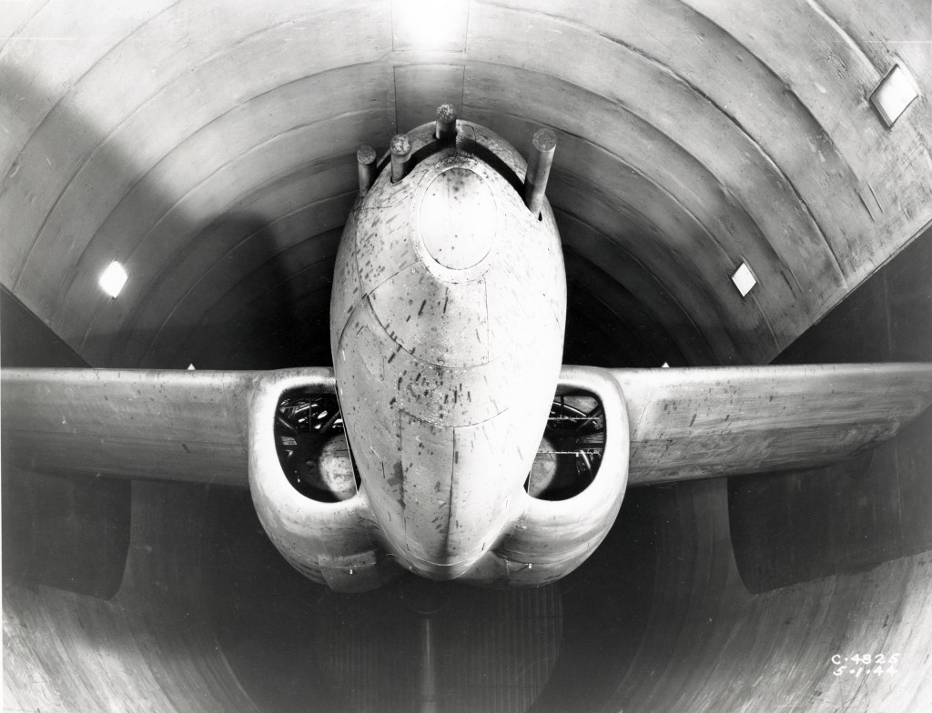Straight on view of the Bell YP-59A in the AWT test section