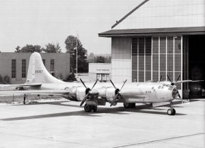 B-29 bomber on hangar apron