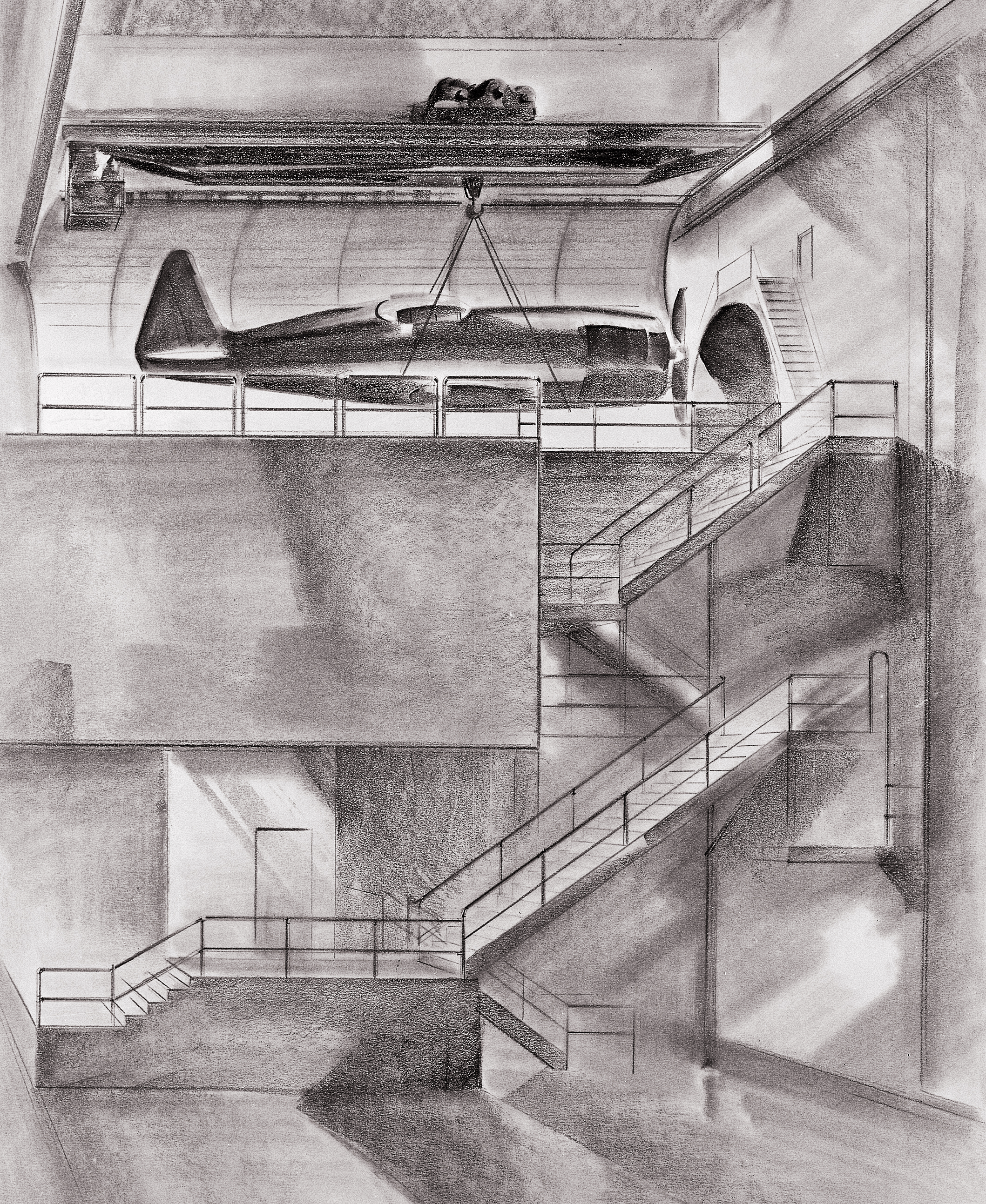 Drawing of AWT high-bay area with aircraft suspended.