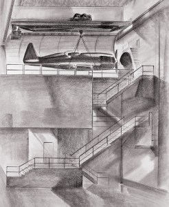 Drawing of AWT high-bay area with aircraft suspended.