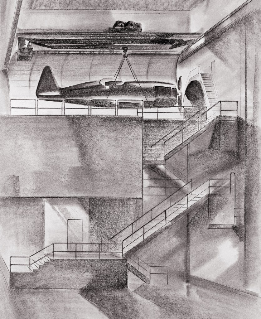 Drawing of AWT high-bay area with aircraft suspended.