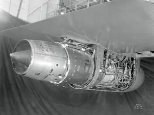 Westinghouse 19B suspended from wing span in AWT test section