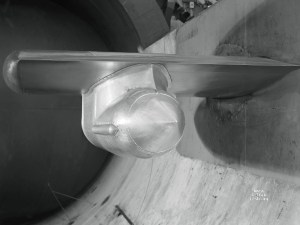 Westinghouse 19B model suspended from wing span in AWT test section.