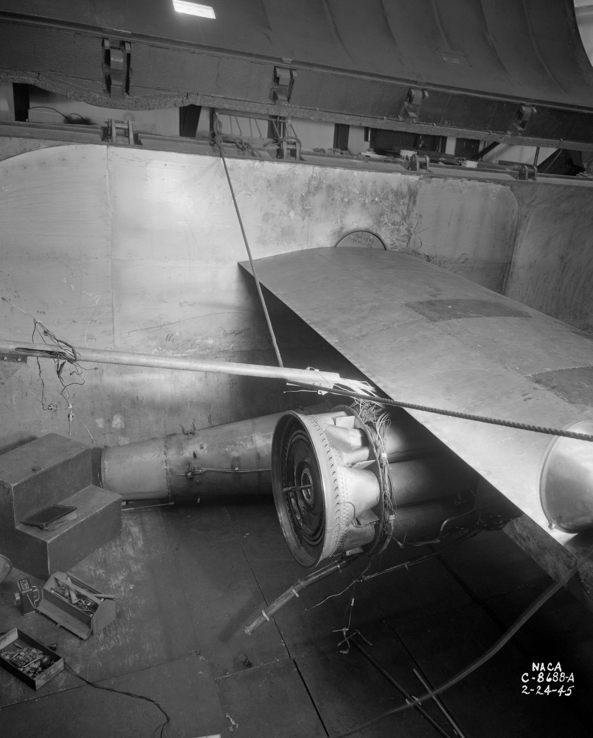 GE TG-180 engine suspended from span in AWT test section