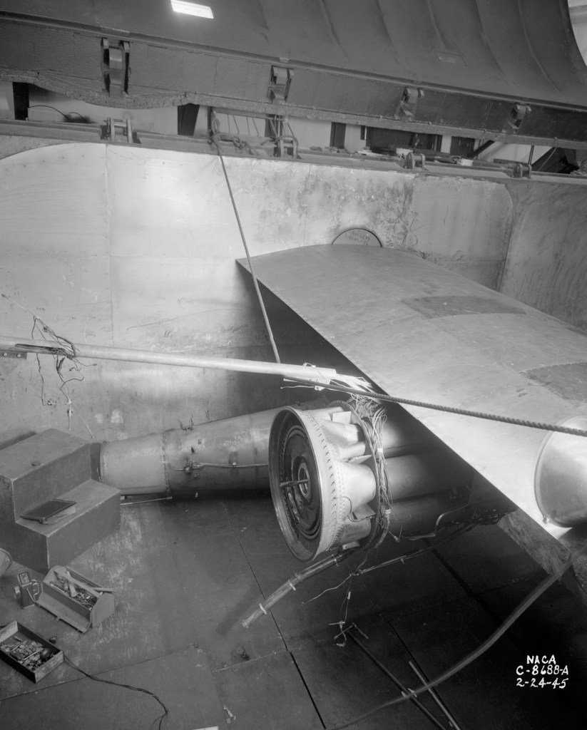 GE TG-180 engine suspended from span in AWT test section