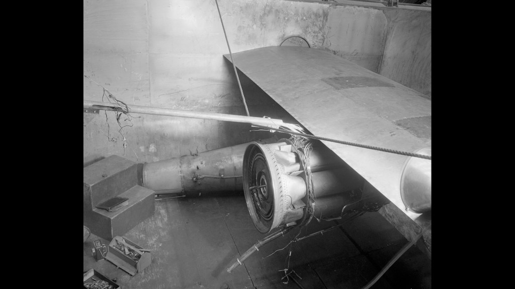 GE TG-180 engine suspended from span in AWT test section