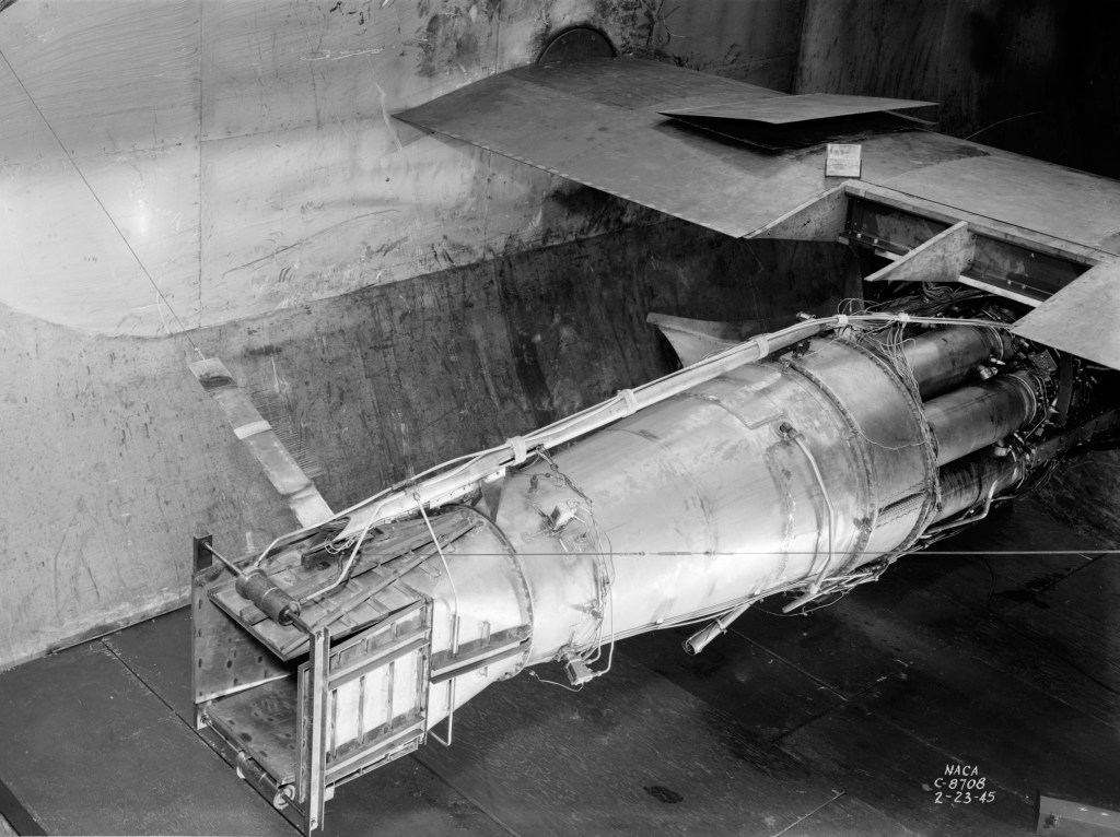 GE TG-180 engine suspended from span in AWT test section