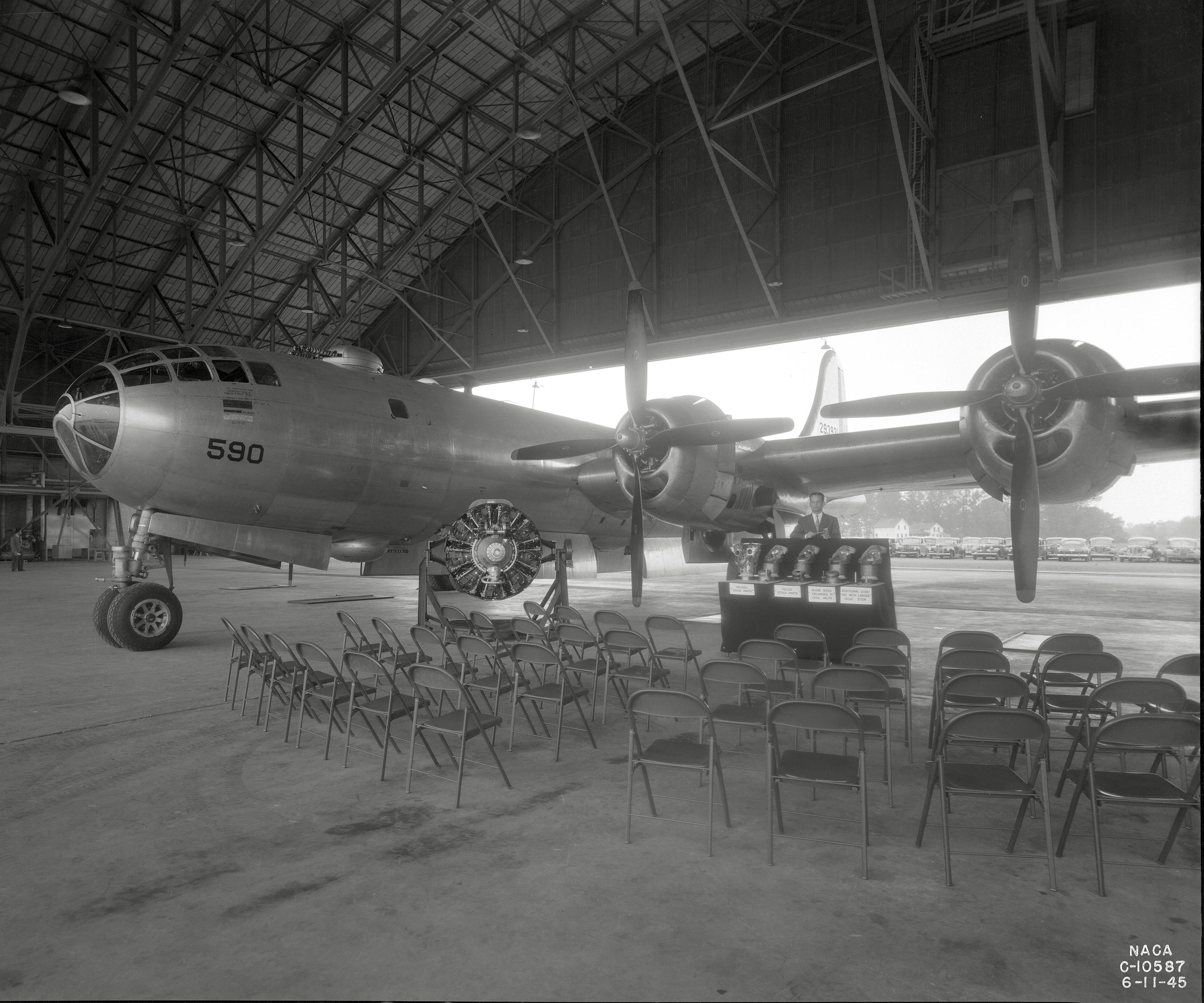 B-29 bomber inside the hangar.
