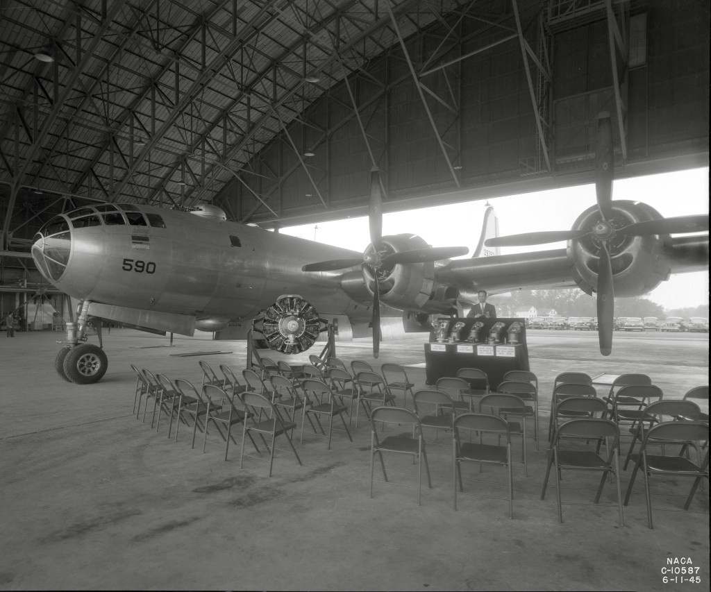B-29 bomber inside the hangar.