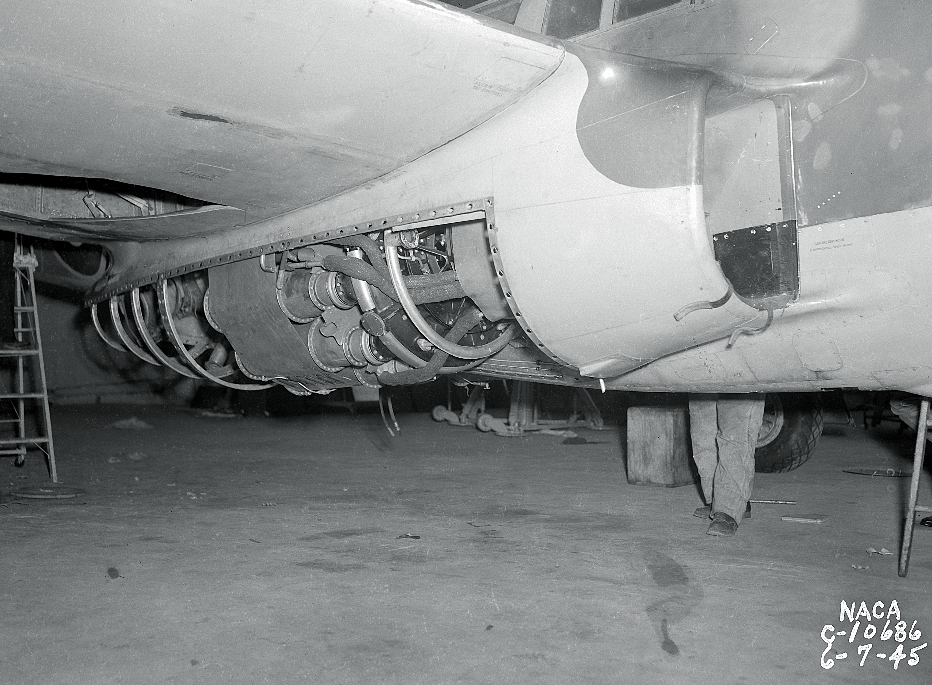 GE I-16 engine underneath Bell YP-59A fuselage