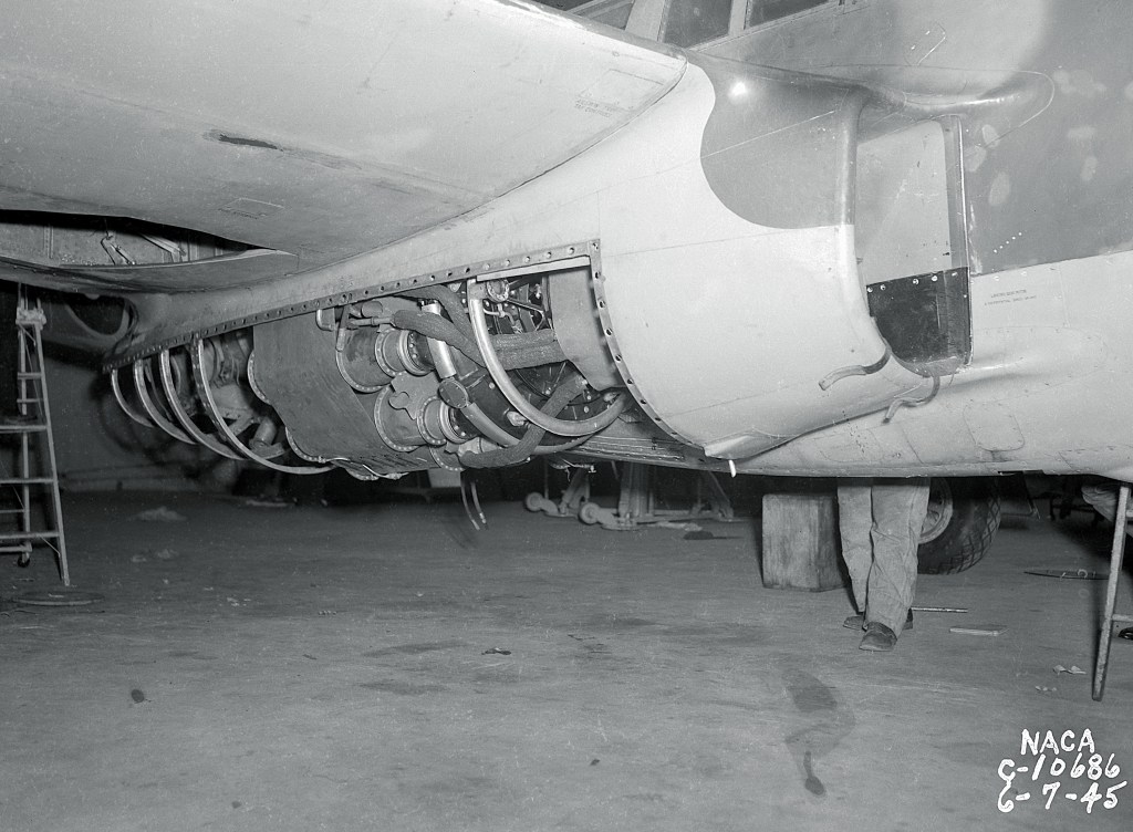 GE I-16 engine underneath Bell YP-59A fuselage