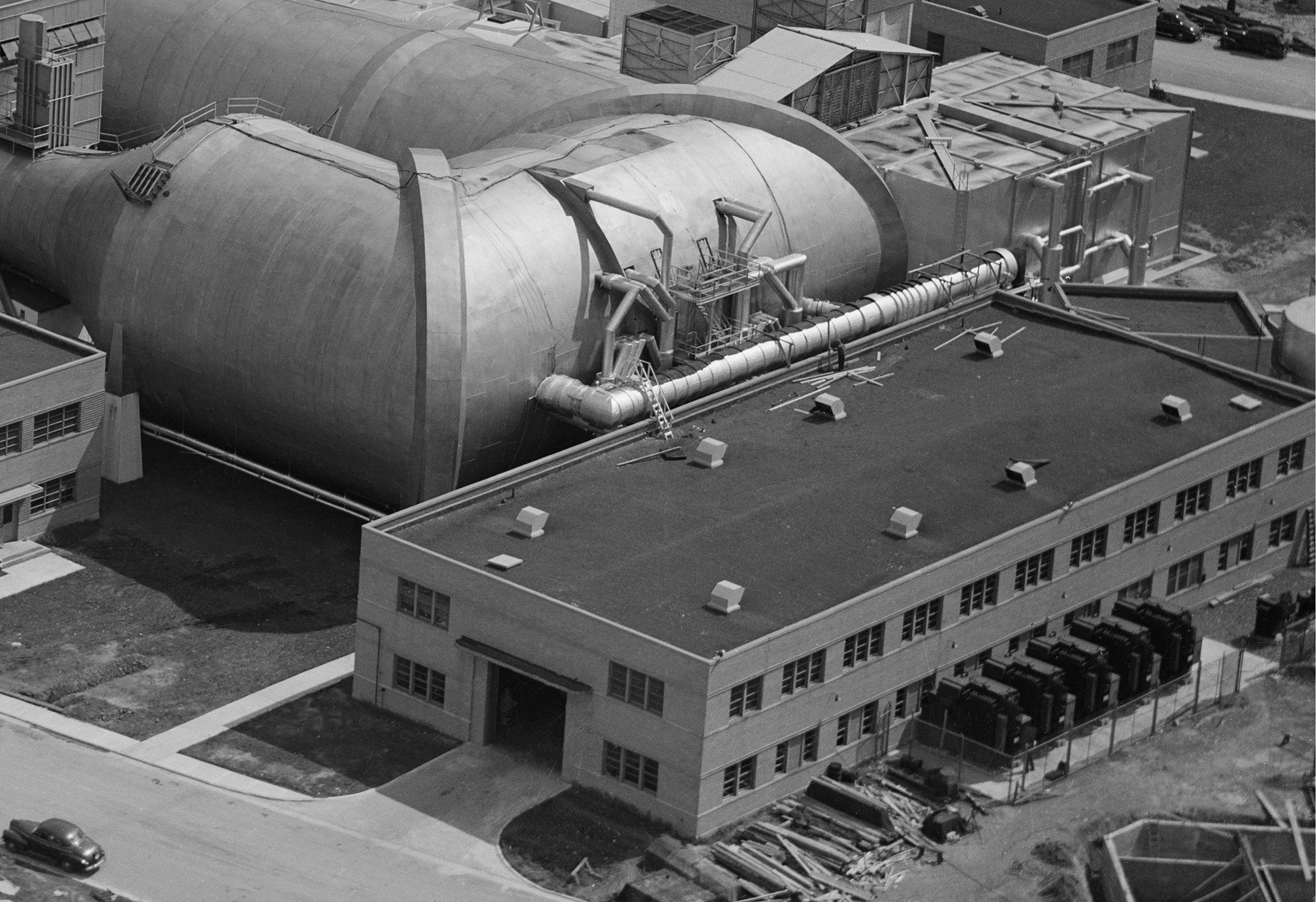 Aerial view of Refrigeration Bldg. and cooling lines into AWT