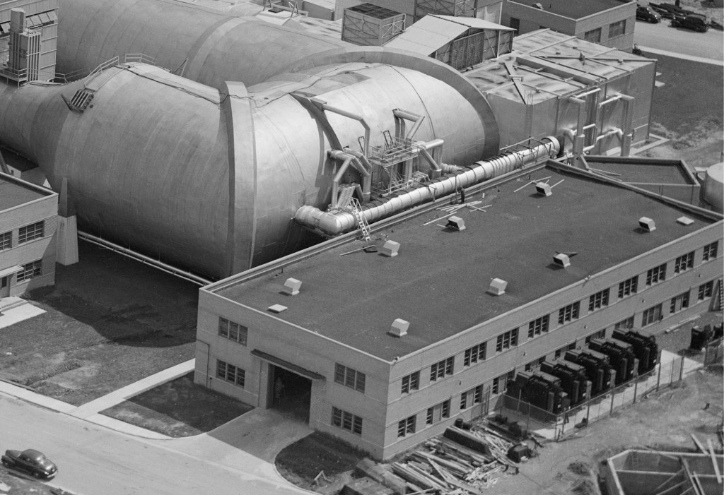 Aerial view of Refrigeration Bldg. and cooling lines into AWT