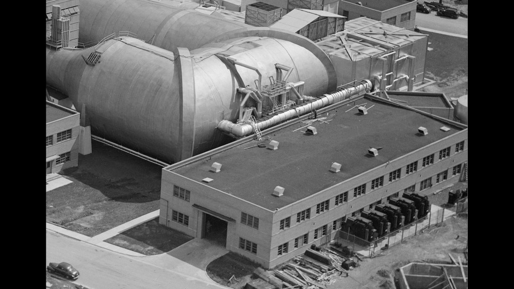 Aerial view of Refrigeration Bldg. and cooling lines into AWT