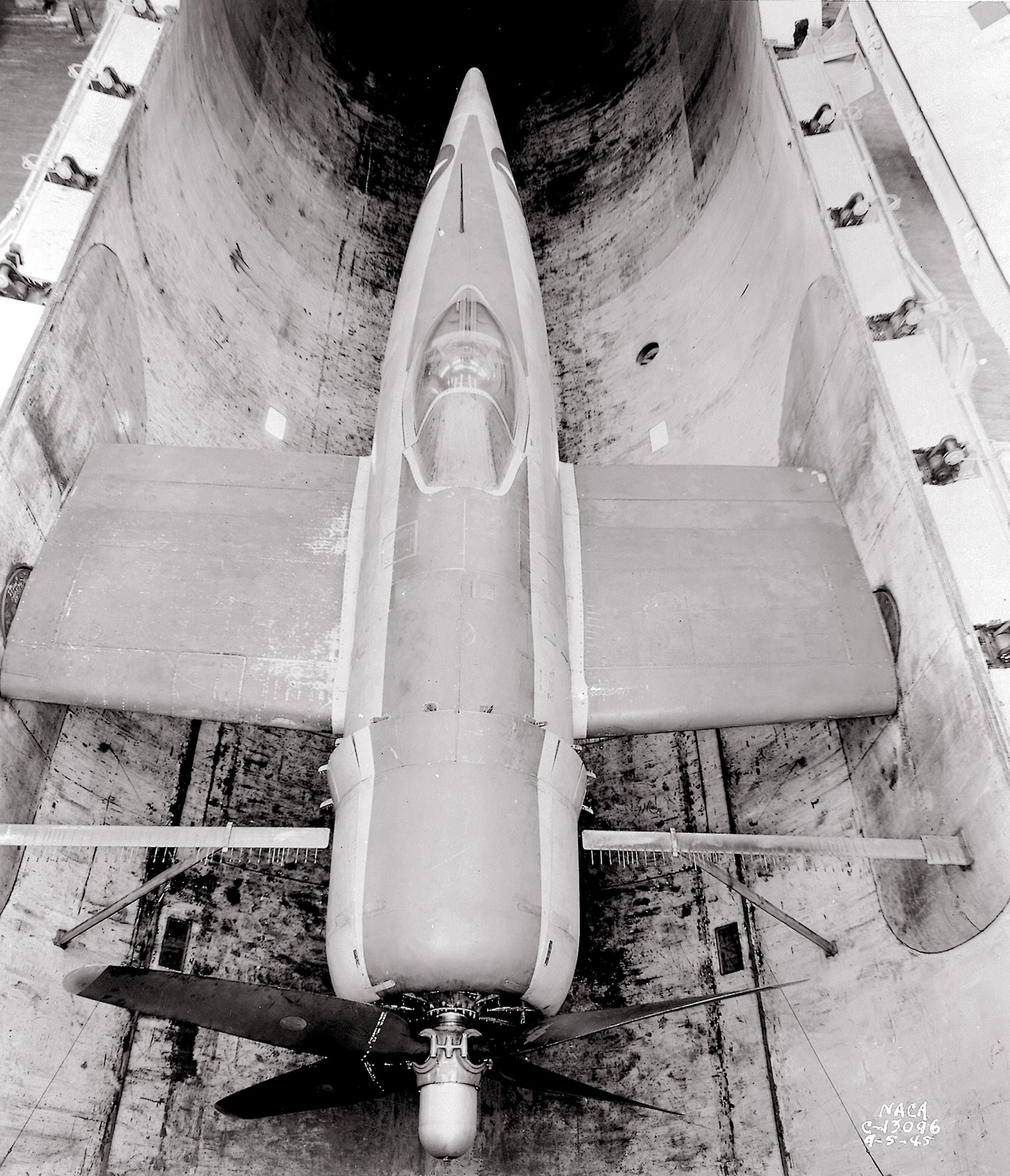 View from above of P-47M in AWT test section