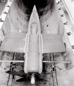 View from above of P-47M in AWT test section