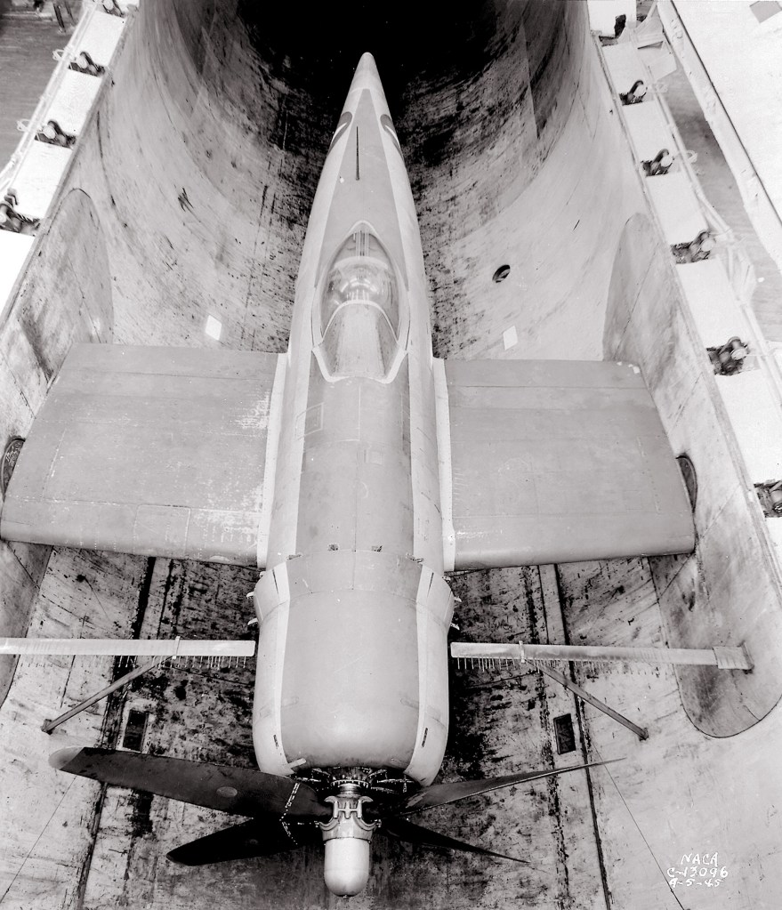 View from above of P-47M in AWT test section