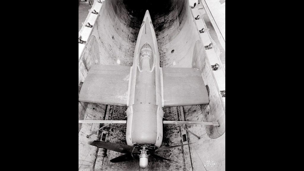 View from above of P-47M in AWT test section.