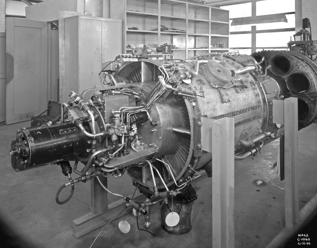 TG-180 engine on stand in Altitude Wind Tunnel shop