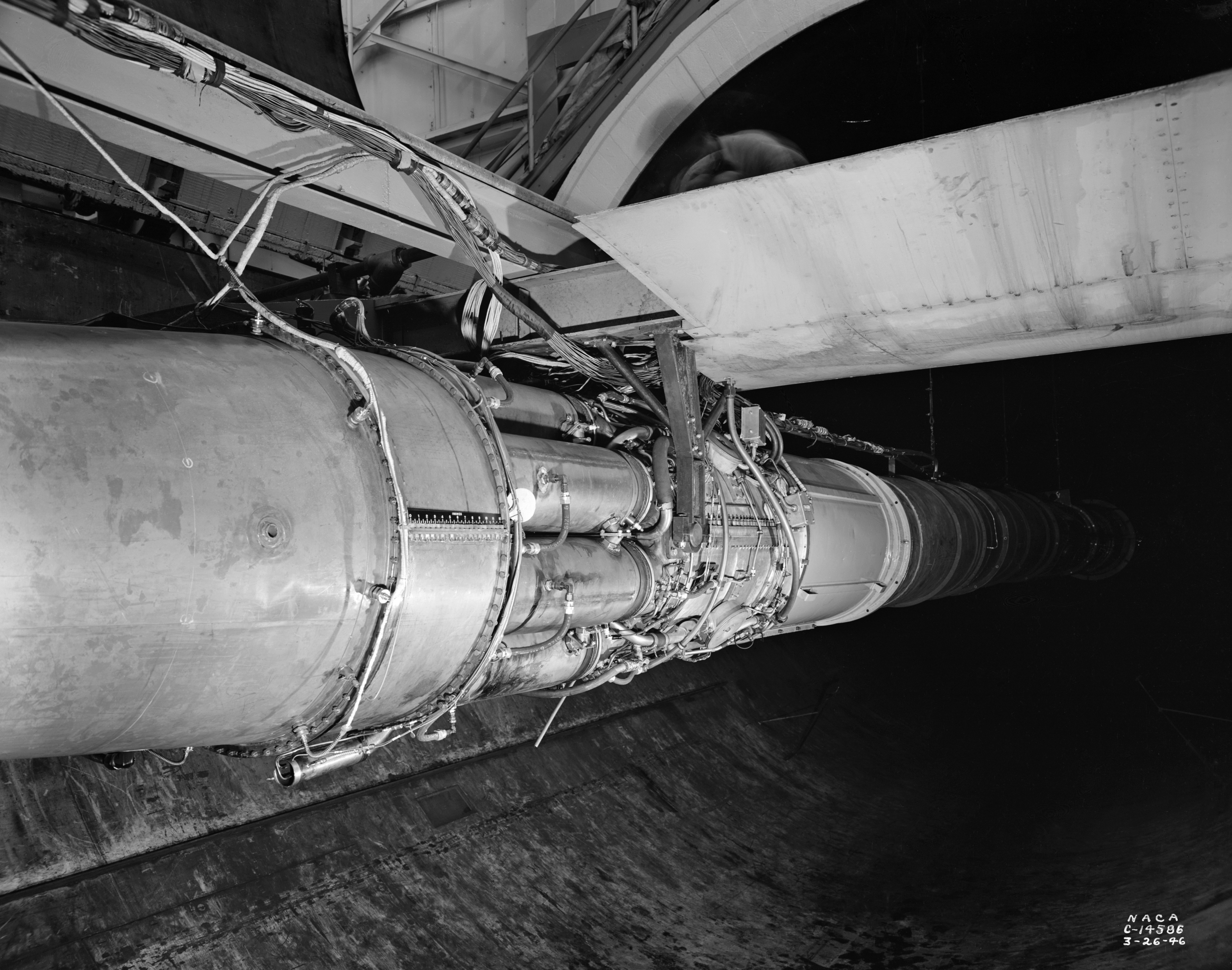 GE TG-180 engine suspended from span in AWT test section