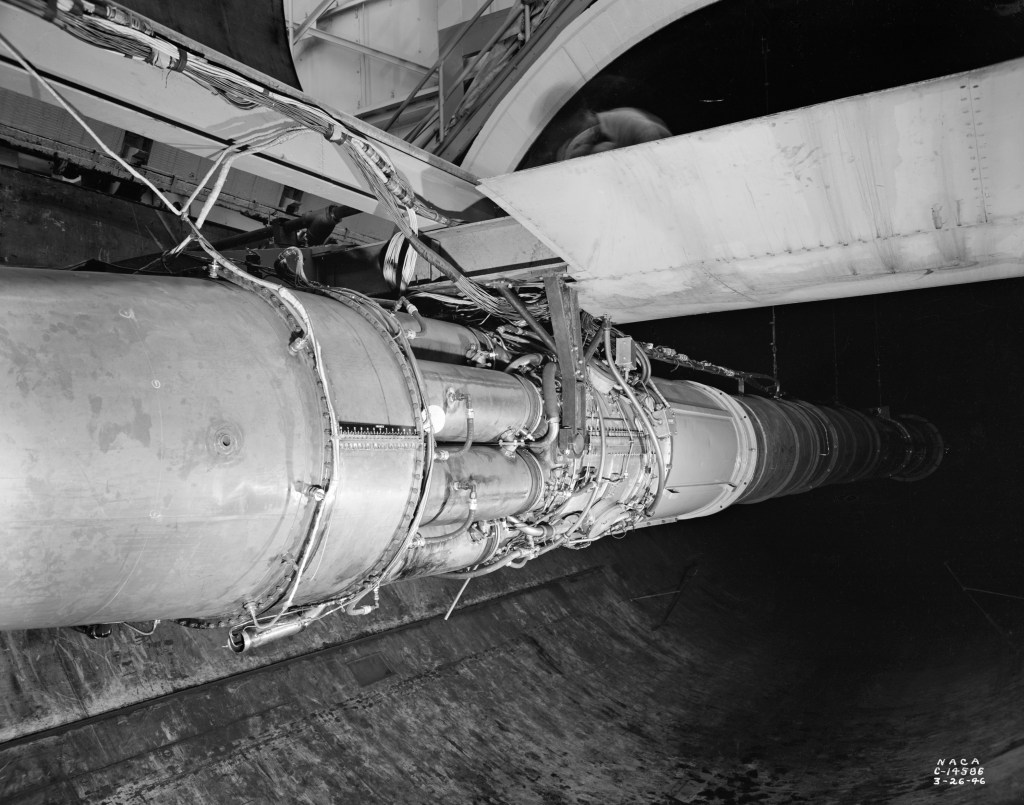 GE TG-180 engine suspended from span in AWT test section