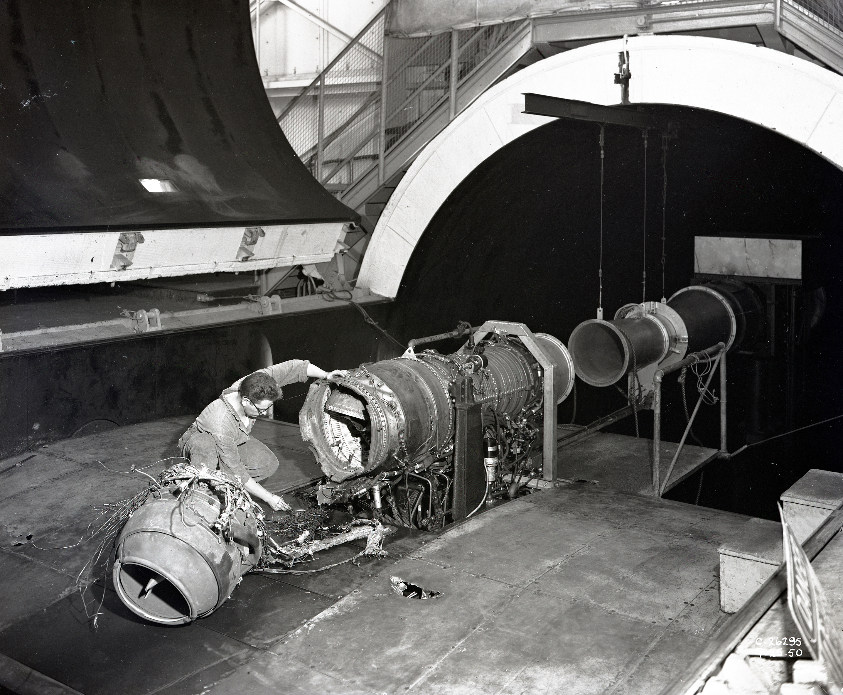 Damaged engine in test section.
