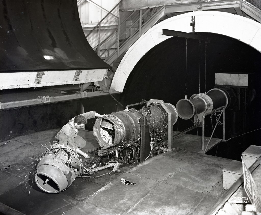 Damaged engine in test section.