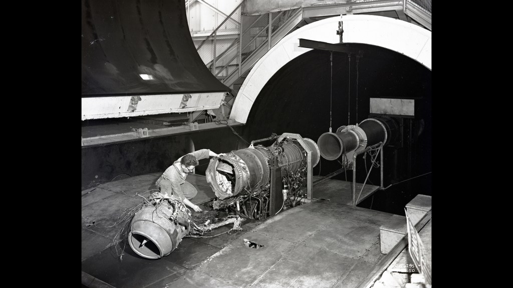 Damaged engine in test section.