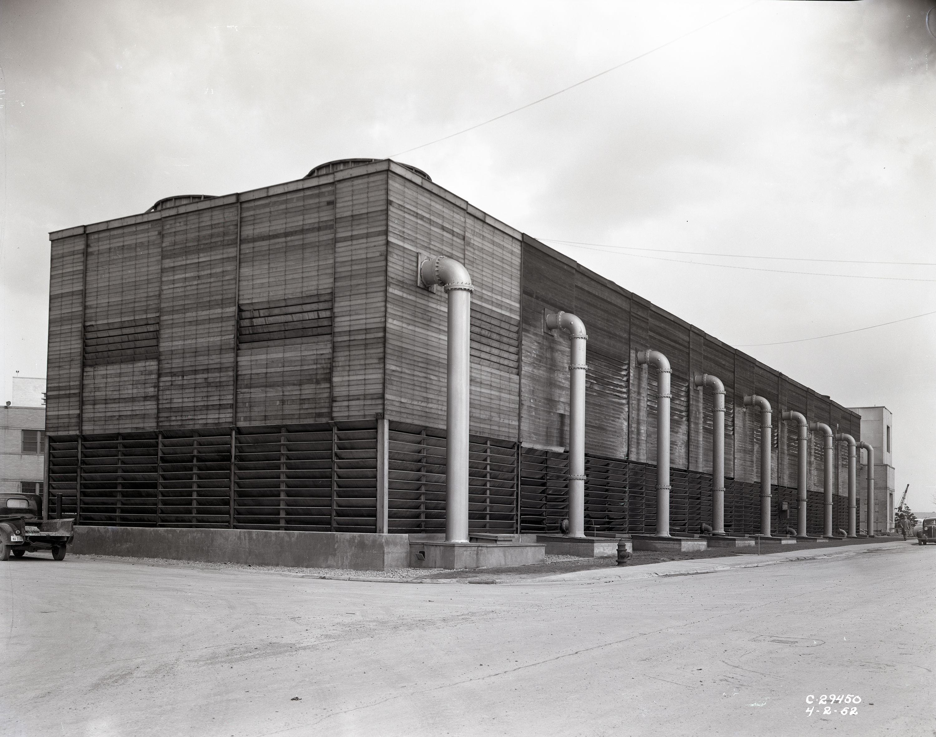 Ground-level view of Cooling Tower No. 1 with addition