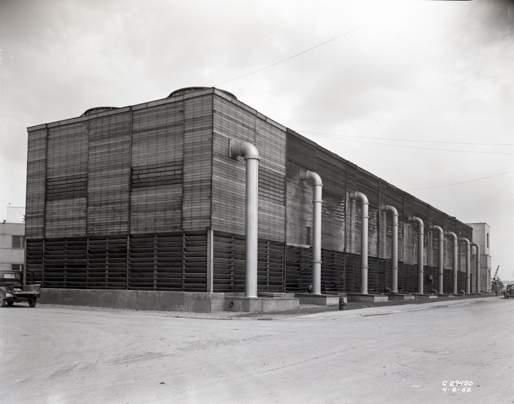 Ground-level view of Cooling Tower No. 1 with addition