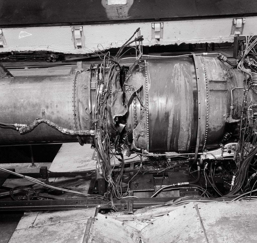 Damaged J57 engine in AWT test section