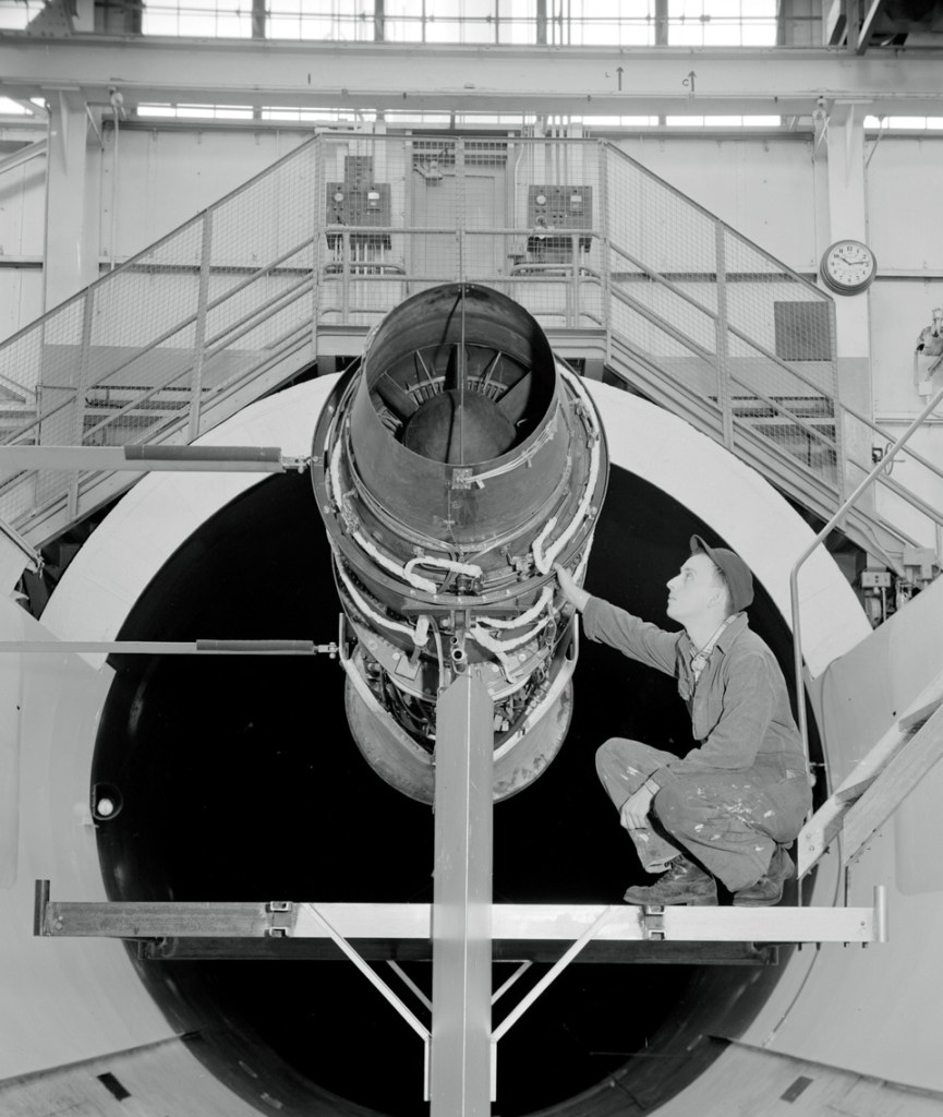 Pratt & Whitney J57 engine installed in the Altitude Wind Tunnel test section.