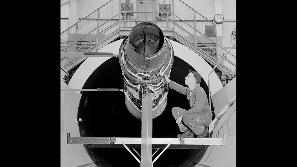 Pratt and Whitney J57 engine installed in the Altitude Wind Tunnel test section.