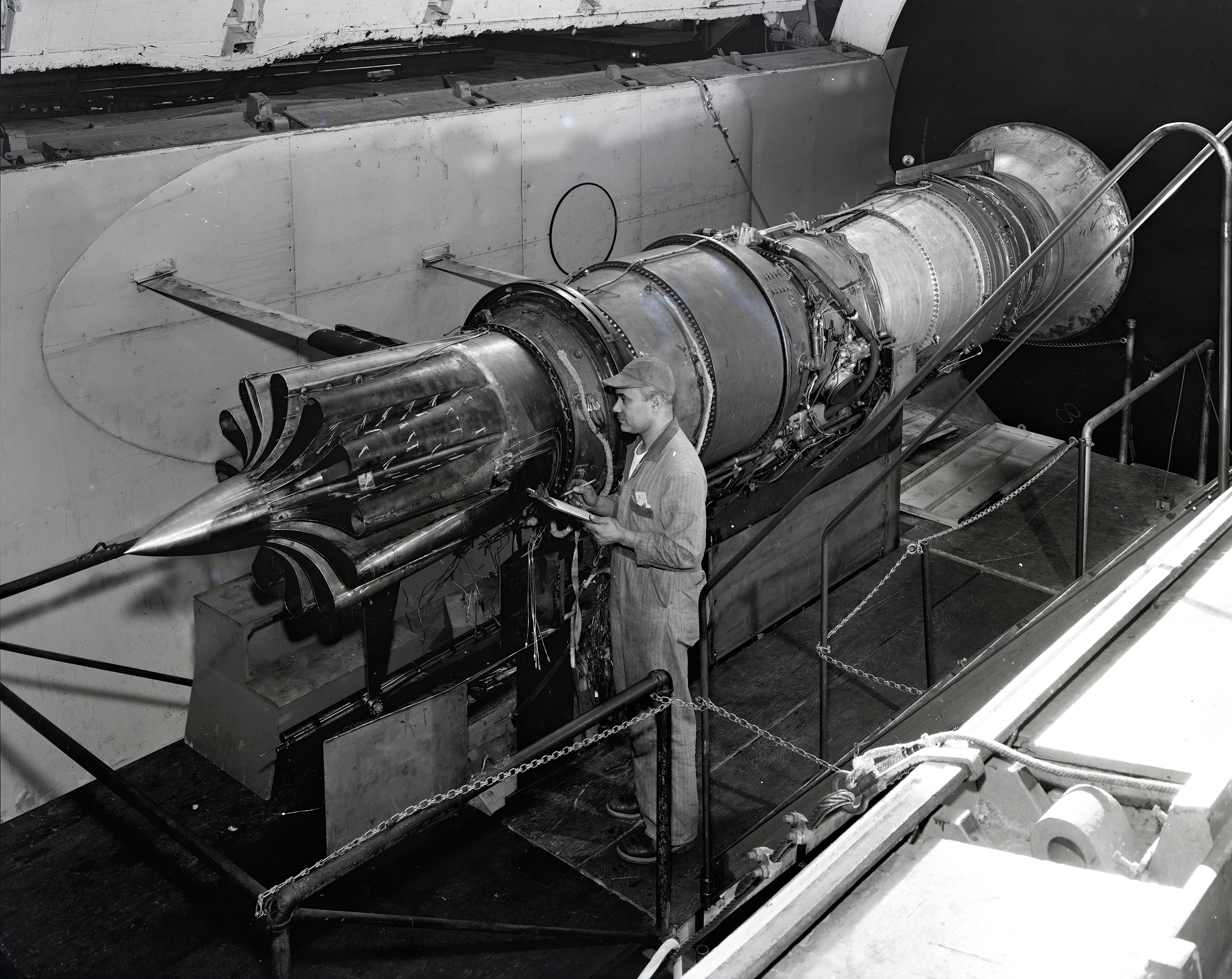 Pratt & Whitney J57 engine installed in the Altitude Wind Tunnel with a Greatex No.2 nozzle.