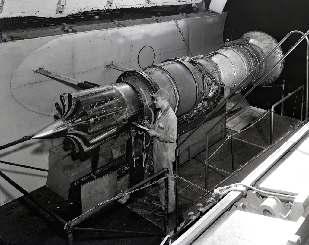 Pratt & Whitney J57 engine installed in the Altitude Wind Tunnel with a Greatex No.2 nozzle.