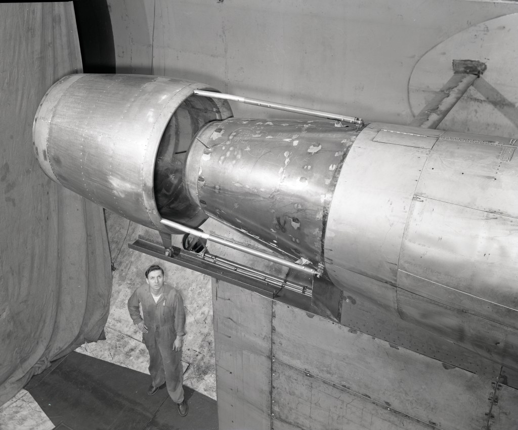Pratt & Whitney J57 with a General Electric nozzle tested in the Altitude Wind Tunnel