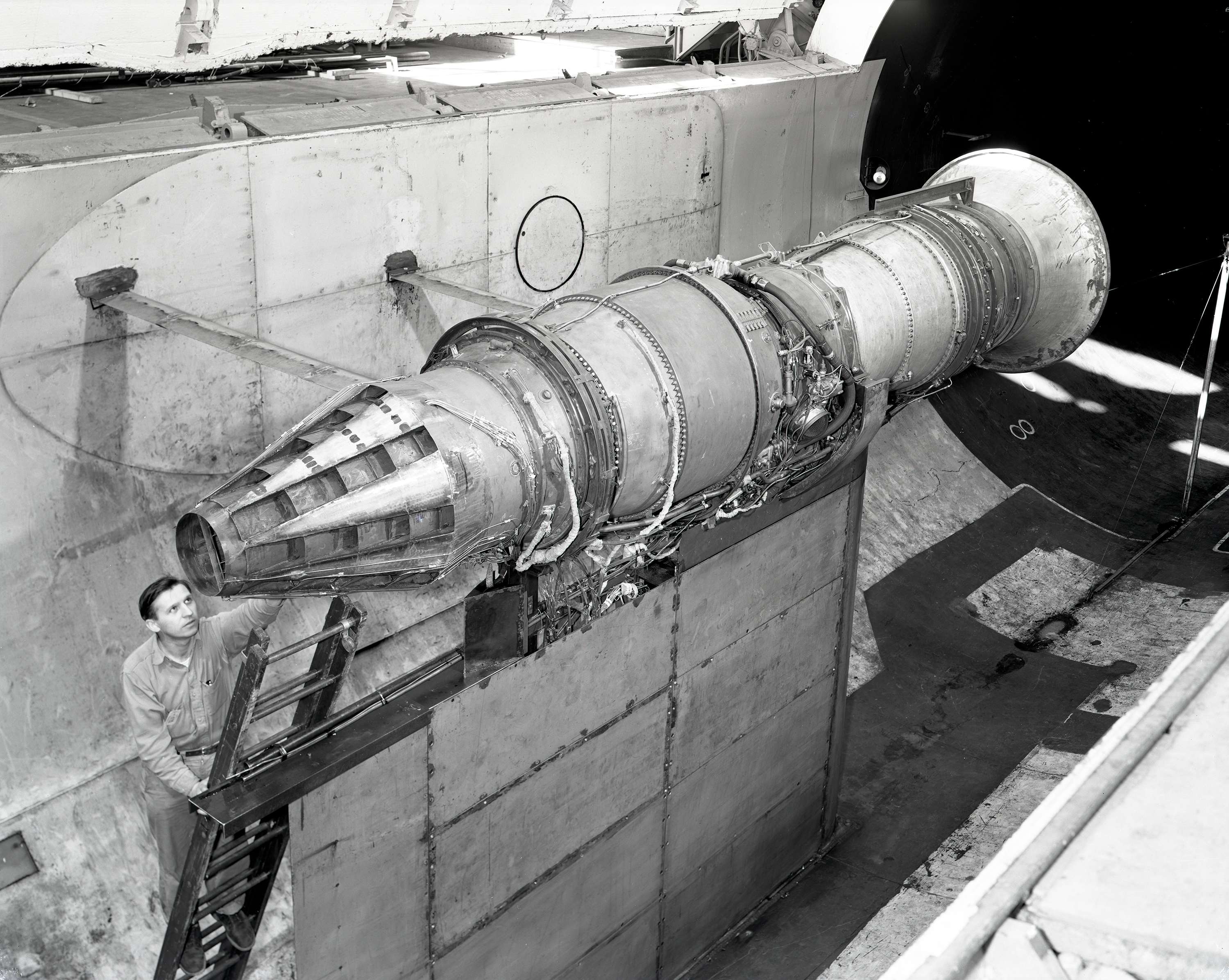 Pratt & Whitney J57 with a General Electric nozzle tested in the Altitude Wind Tunnel