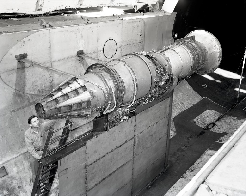 Pratt & Whitney J57 with a General Electric nozzle tested in the Altitude Wind Tunnel