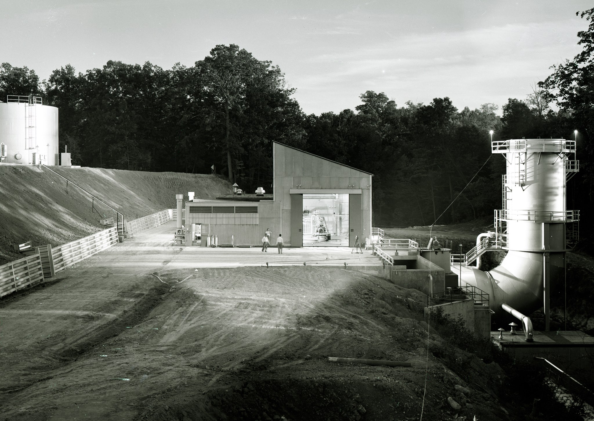 Exterior view of the Rocket Engine Test Facility in the evening.
